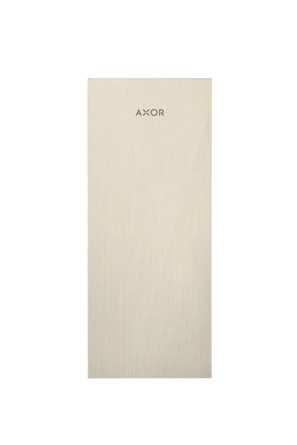 Platte in gebürstetem Nickel-Finish mit AXOR-Logo, schlichte und glatte Oberfläche, geeignet für Wellness- und Badezimmeranwendungen.